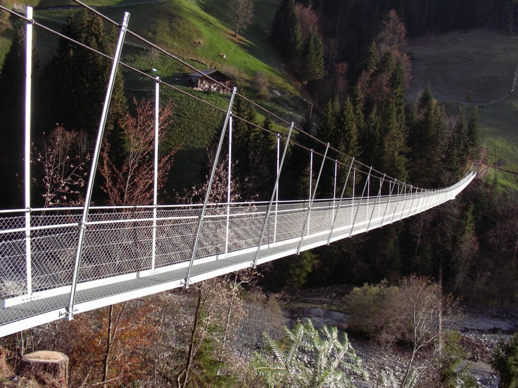 Długa, stalowa wisząca kładka w Alpach, rozciągająca się nad doliną, otoczona zielonymi wzgórzami i drzewami na tle jesiennego lasu.