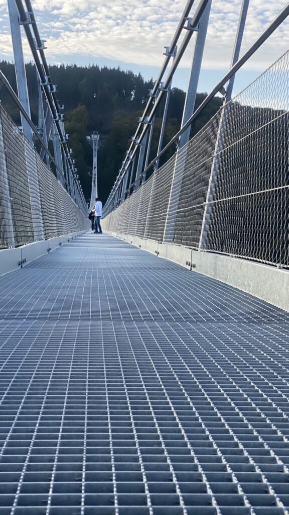 Długa kładka dla pieszych nad lasem, wykonana z metalowej konstrukcji z siatkowymi barierkami i kratowym podłożem. W oddali widać dwie osoby idące mostem.