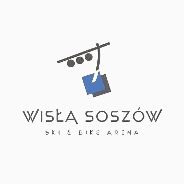 Logo Wiśla Soszów Ski & Bike Arena przedstawiające wyciąg krzesełkowy i dwie trójkątne figury symbolizujące narty i rower, z napisem Wiśla Soszów Ski & Bike Arena.