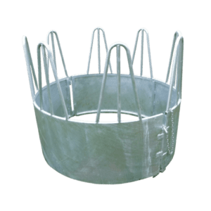 Okragly, ocynkowany pasnik dla zwierzat hodowlanych, z szescioma przegrodami ulatwiajacymi pobieranie paszy, idealny do stad.
