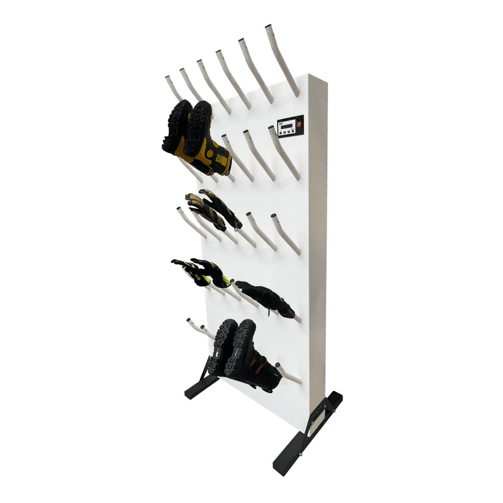 Biała suszarka ścienna do butów i rękawic z widoczną parą żółtych butów roboczych, rękawicami i czarnymi butami sportowymi.